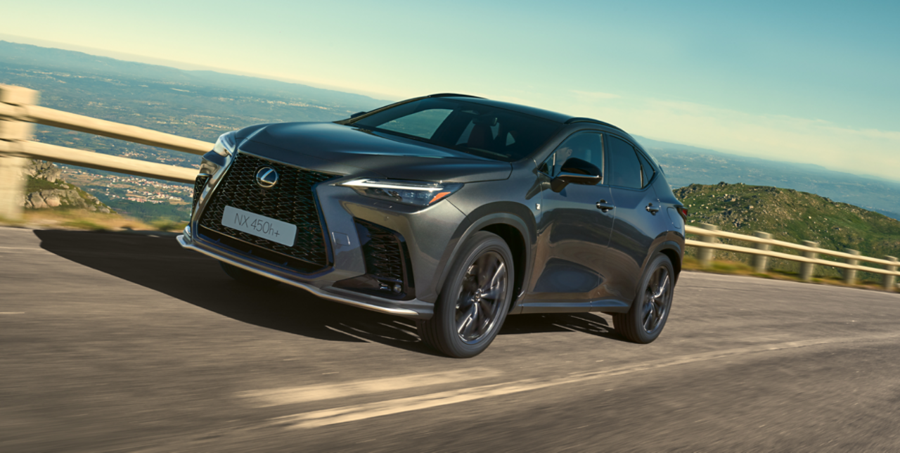 Zijaanzicht van een grijze Lexus NX 450h+