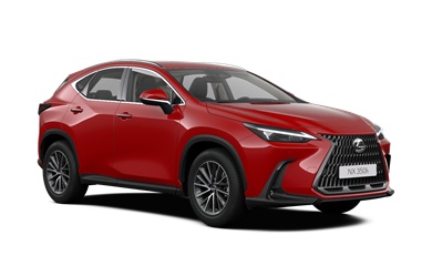 Zijaanzicht van een rode Lexus NX350h