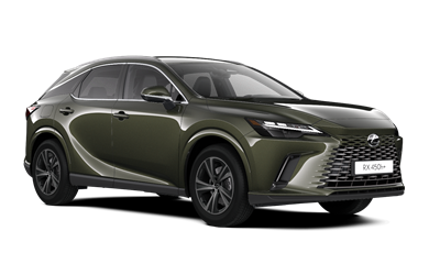 Zijaanzicht van een groene Lexus RX450h+