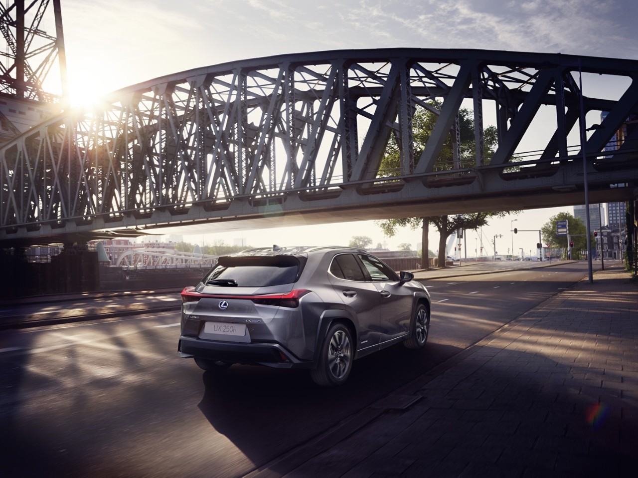 Achteraanzicht van een donkergrijze Lexus UX