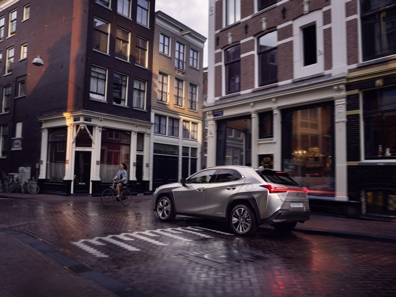 Zijaanzicht van een grijze Lexus UX
