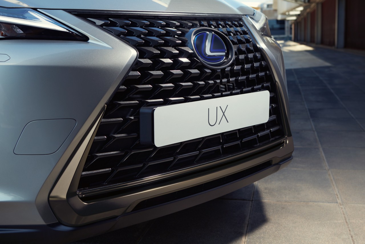 Vooraanzicht van een witte Lexus UX 250h