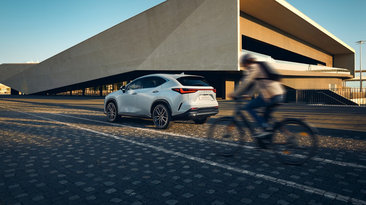 Achterzijde van een witte Lexus NX