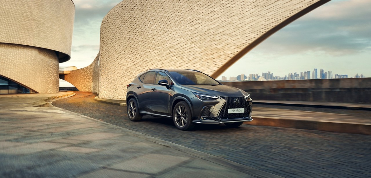 Zijaanzicht van een grijze Lexus NX